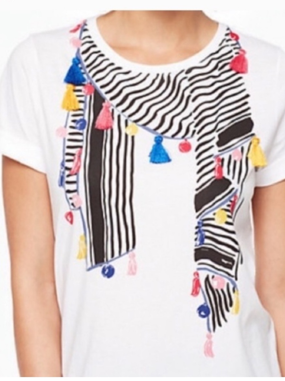 kate spade Broome street White Short-Sleeve Tassel Graphic Tee  Sz Medium